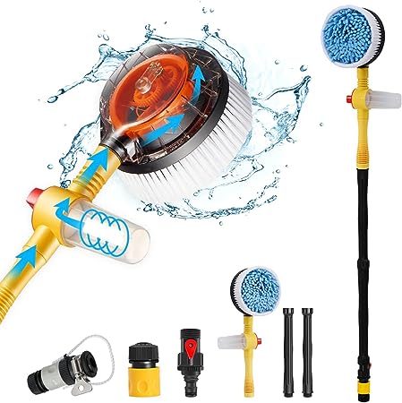 Car Wash Brush with Hose Attachment, 360 Spin Car Wash Brush with Soap Dispenser, Soft Bristle Car Cleaning Brush Mop Scrub Brush, Flow Through Car Washing Brush Kit Long Handle