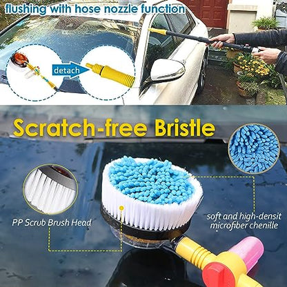 Car Wash Brush with Hose Attachment, 360 Spin Car Wash Brush with Soap Dispenser, Soft Bristle Car Cleaning Brush Mop Scrub Brush, Flow Through Car Washing Brush Kit Long Handle