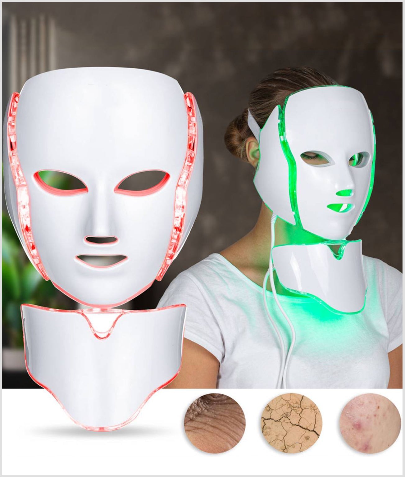 Led Facial Light Therapy Skin Care Mask, 7 Colors Treatments Light for Acne to Glowing Face